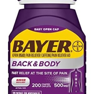 Bayer Back & Body 500mg Aspirin Plus Caffeine for Powerful Pain Relief, 200 Coated Caplets