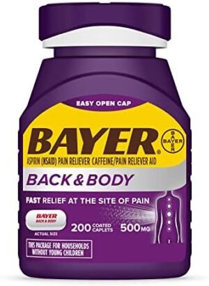 Bayer Back & Body 500mg Aspirin Plus Caffeine for Powerful Pain Relief, 200 Coated Caplets