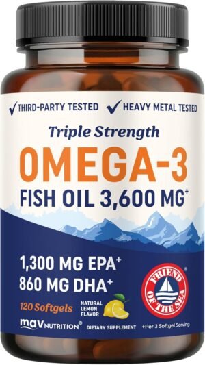 Triple Strength Omega 3 Fish Oil 3600 mg, EPA & DHA, Over 2100mg Omega-3