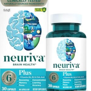 NEURIVA Plus Brain Supplements for Memory and Focus, Clinically Tested Nootropics Neurofactor and Phosphatidylserine, with Vitamin B12, Vitamin B6 and Folic Acid, 30 Count Capsules | Brain Supplements for Memory and Focus, Phosphatidylserine, Vitamin B12, Vitamin B6, Neurofactor, Decaffeinated Nootropic