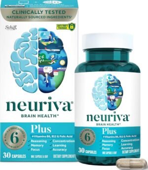 NEURIVA Plus Brain Supplements for Memory and Focus, Clinically Tested Nootropics Neurofactor and Phosphatidylserine, with Vitamin B12, Vitamin B6 and Folic Acid, 30 Count Capsules | Brain Supplements for Memory and Focus, Phosphatidylserine, Vitamin B12, Vitamin B6, Neurofactor, Decaffeinated Nootropic