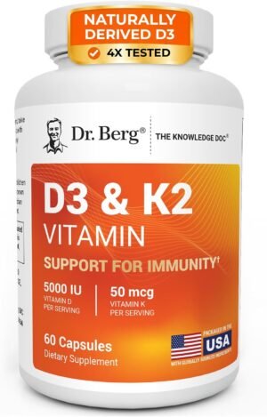 Dr. Berg 7-in-1 Vitamin D3 K2 5000 IU | Naturally Derived D3 | 4X Lab-Tested & Verified | High Absorption Formula | K2 D3 Vitamin Supplement | 60 Capsules