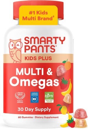 SmartyPants Kids Multivitamin Gummies with Omega 3 DHA/EPA, Vitamins D3, C, B12, B6, A, K, and Zinc, Gluten Free, Clean Label, Three Fruit Flavors, 60 Gummies (30 Day Supply)
