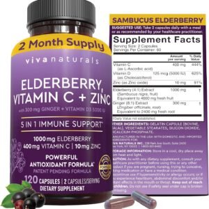 Viva Naturals Elderberry with Vitamin C and Zinc for Adults - 5 in 1 Sambucus Black Elderberry Capsules with Vitamin D3 5000 IU Immunity Supplement, Sambucus Elderberry Immune Support Supplement