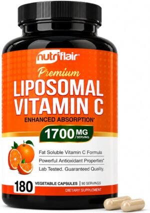 NutriFlair Liposomal Vitamin C 1700mg, 180 Capsules - High Absorption, Fat Soluble VIT C, Higher Bioavailability Immune System Support & Collagen Booster, Non-GMO, Vegan Pills